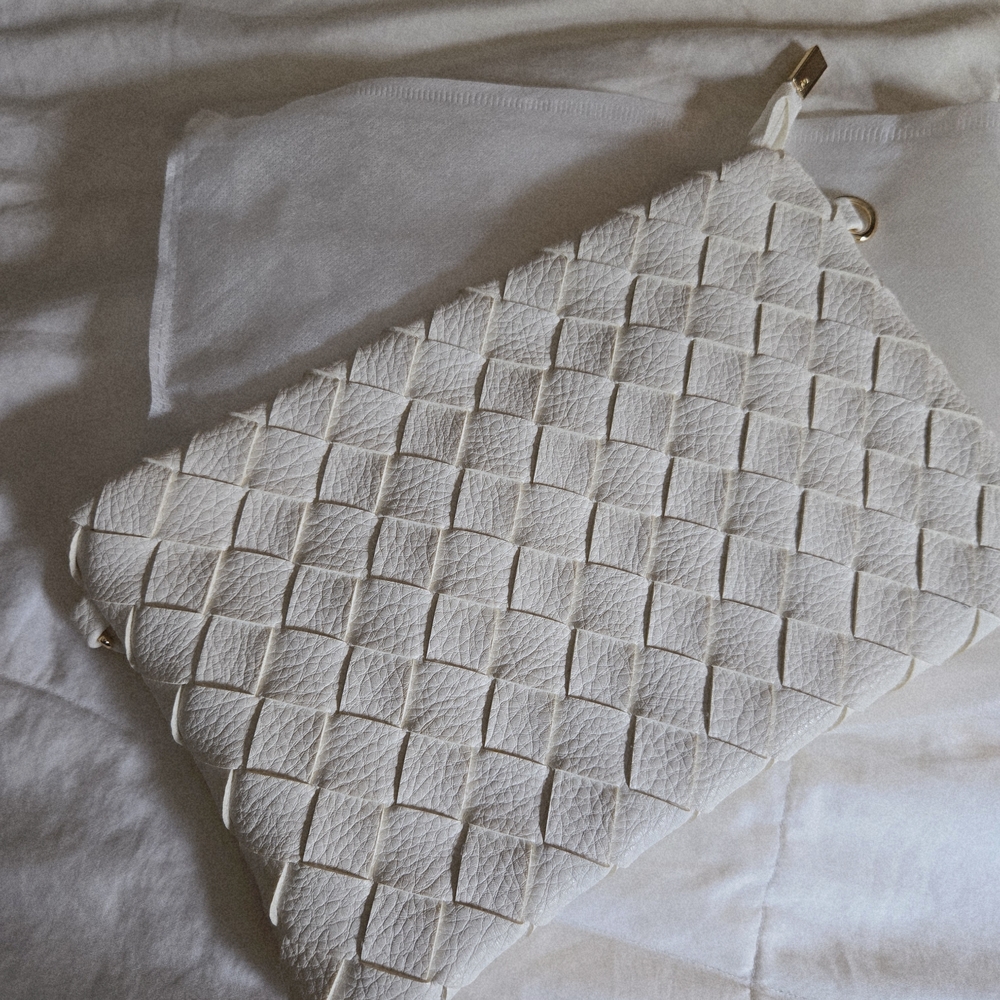Creamy White Leather Woven Clutch, With Wristlet And Crossboy Strap